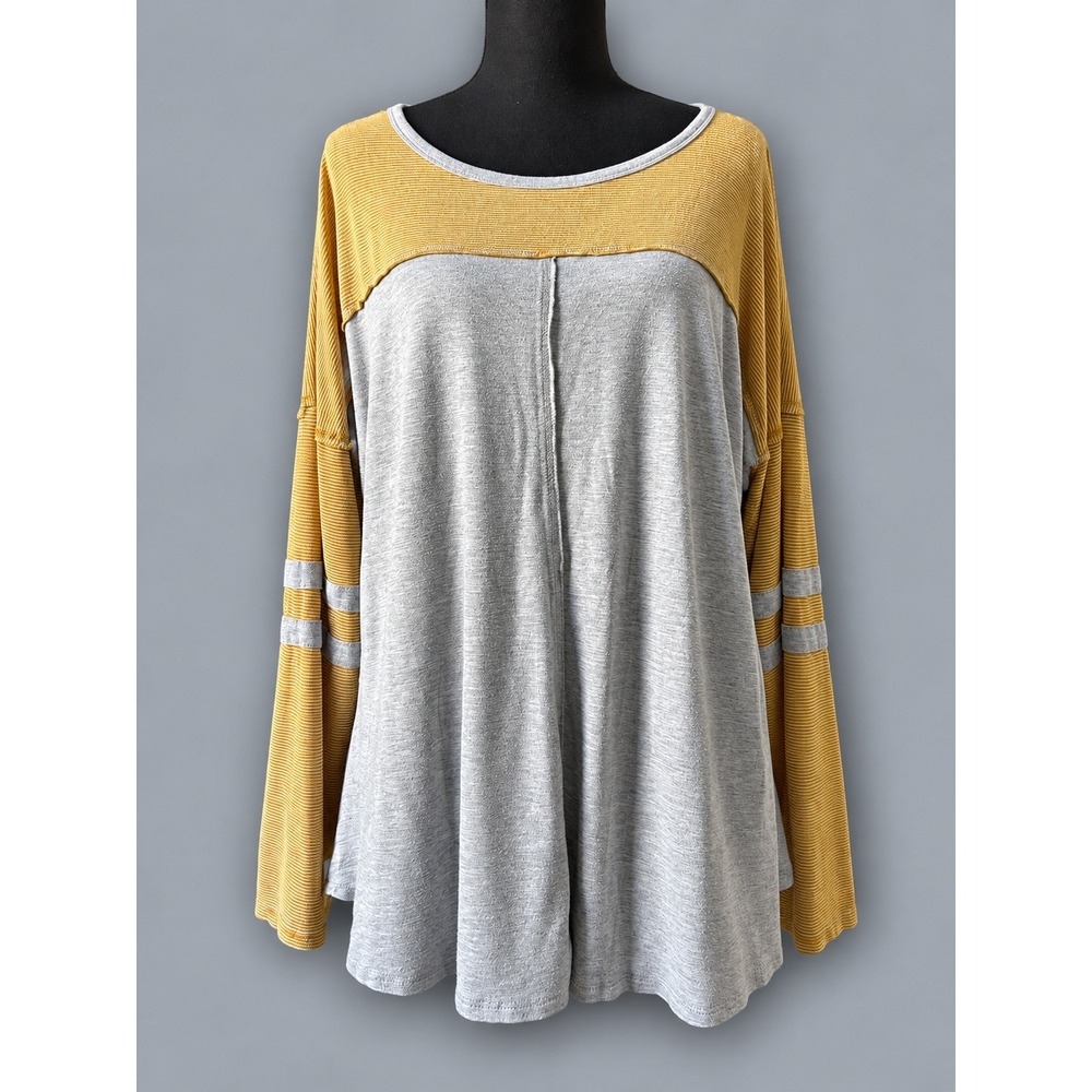 Eyeshadow Top Women 1X Yellow Gray Excellent Colorblock Striped Long Sleeve